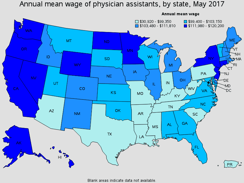 A map from the BLS showing average mean wages of physician assistants in the US