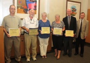 From left,Ed Stewart, Bo McCounnaghy, Bev Burke, Edie Milvet, John Giesmann and Dr. John McCullough enjoy the Retiree Reception. 