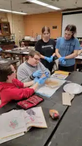 ab partners Lydia Grubbs and Benjamin Hensley show the elusive pulmonary trunk in their pig heart to Chloe Vargo and Mercy Howes. The pulmonary trunk was not clearly evident in all of the pig hearts dissected.