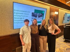 West Liberty Master of Science in Exercise Physiology students presented to the Oglebay Housekeeping and Food and Beverage departments about workplace ergonomics and injury reduction strategies. Pictured, from left to right, are Timothy Decatur, Grace Smith, Gabriella Guldin, and Olivia Kniola.