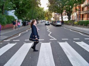 Jessica Crighton takes an iconic pose on Abbey Road, London, imitating the Beatles famous album cover of the same name.