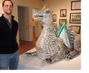 Art Professor Brian Fencl is shown with Nessy, the work of WLU scholarship winner Tiana Knowlton.