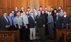 From left: first row: advisor Dolph Santorine, Social Chair Doug Walters, Vice President Shaun Krago, Tyler Self, Tony Massa, Justin de la Cruz, CMU, Brandon Galici, Brian Thompson, Jeff Holbrook, second row: Kyle Lutz, Dylan Donovall, Nick Preston, Allen Yoho, Alex Hayden, Zachary Kirkwood, Ryan Moore, Nelson Arroyo, Justin Caldwell, Brandon Pethtel, Frederick Cochran, Joshua Lanham, Jay Roberts, Andrew Arensberg, Evan Newman, Tommy Martin and Stewart Lane. Missing from photo are Ryan Asbury, Tannon Mossor, Michael Vani, Taylor Rice, Charles Wyle II and Devin Harrison.