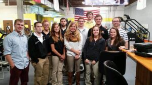 From left WLU students Bryce Gainer, Zach Brown, Haley Gallaher, Megan Beatty, Lucas Dankovchik, Krista Emch, Ryan Duke, George Maddox (yellow), Joe Spreainde, Kristen Saggio, Alayne Orison and Instructor Brandon Bolduc.