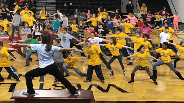 Yoga class is just one of the activities that Professor Wack coordinated at West Liberty Elementary School.